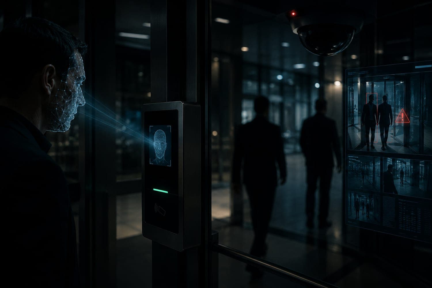 Facial recognition access reader at a building entrance with an AI monitoring screen flagging a tailgating alert