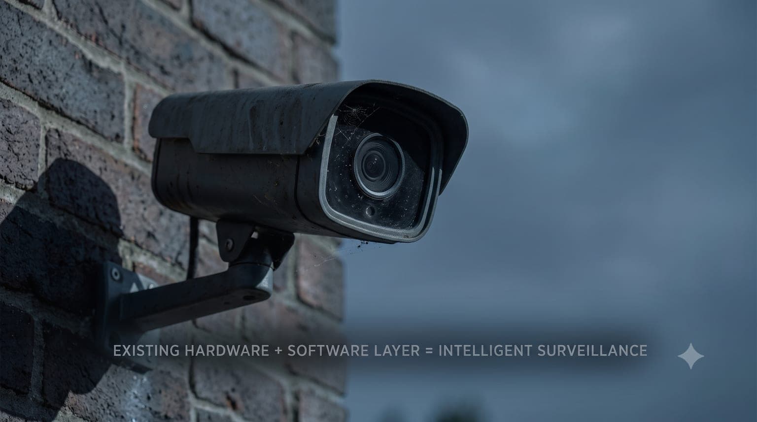 Weathered bullet security camera mounted on a brick wall with cobwebs across the lens housing, over the caption: existing hardware plus software layer equals intelligent surveillance