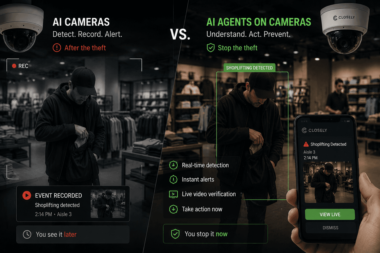 Comparación Cámaras con IA vs Agentes de IA en Cámaras: lado izquierdo muestra grabación reactiva (detectar, grabar, alertar después del robo), lado derecho muestra prevención proactiva (entender, actuar, prevenir robo en tiempo real con alertas móviles)