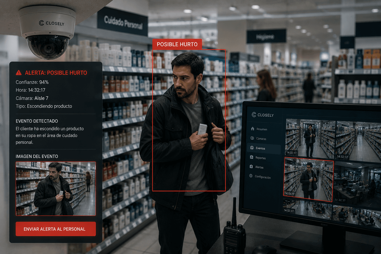 Prevención de pérdidas en retail: Closely IA alerta al personal en tiempo real cuando detecta comportamiento de ocultamiento en una farmacia, mostrando score de confianza y detalles de la alerta en un dashboard de monitoreo