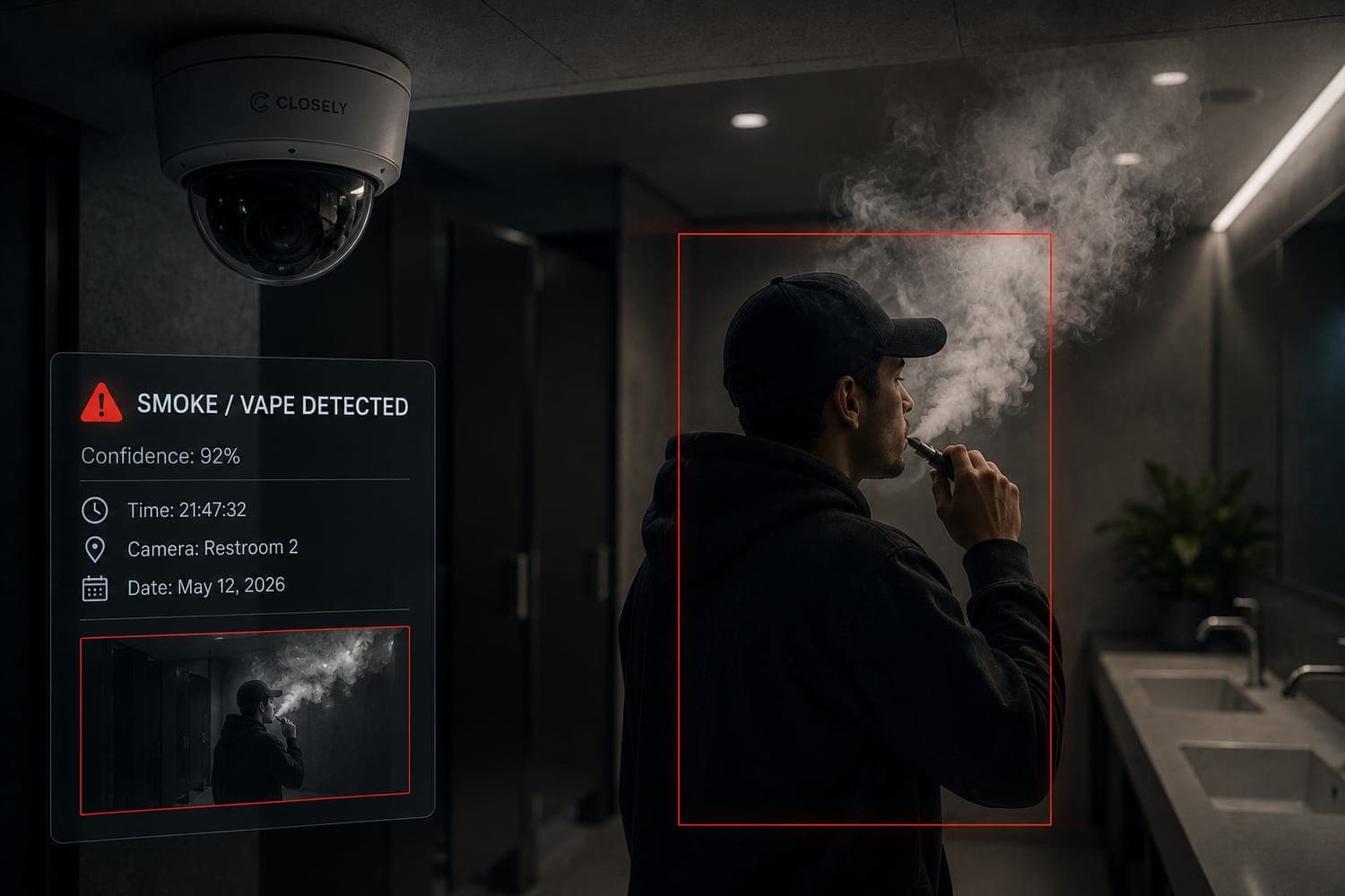 A Closely dome camera detecting a person vaping in a restroom, with a real-time SMOKE / VAPE DETECTED alert showing 92% confidence, camera location, time and evidence clip