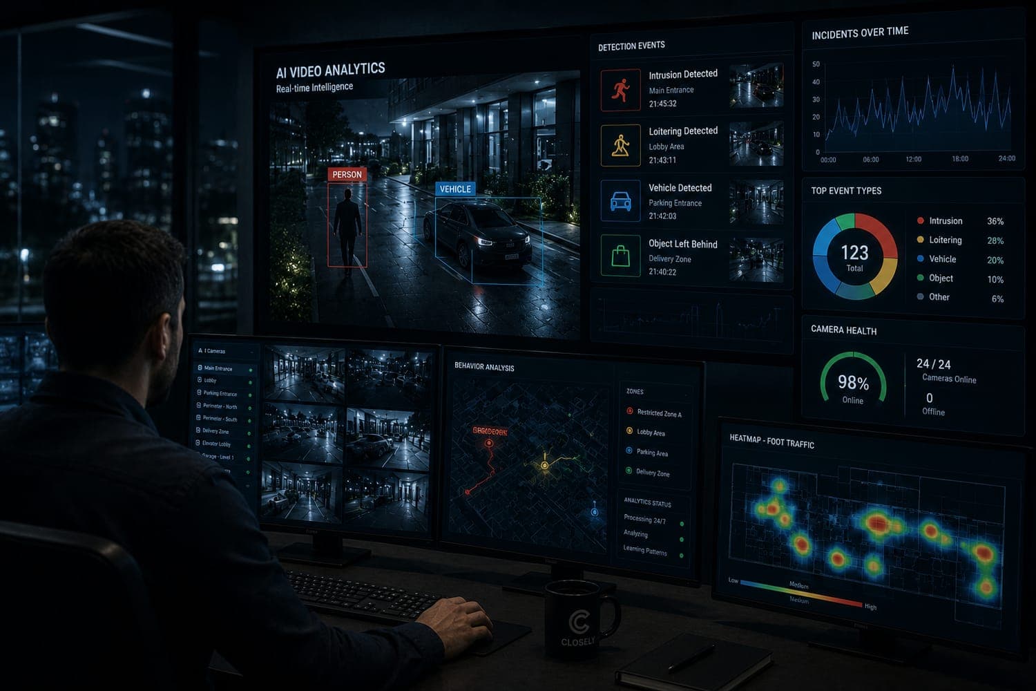 AI video analytics dashboard with real-time person and vehicle detection, event feed, behavior-analysis trajectories, a foot-traffic heatmap and camera health, watched by an operator