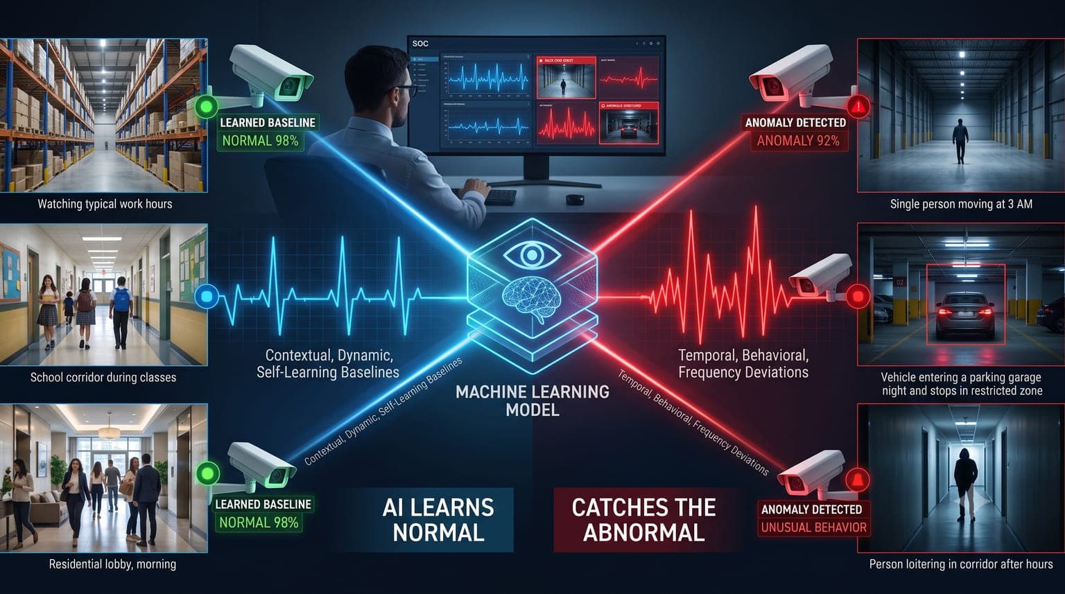 Split diagram with a machine learning model at the center: on the left, cameras showing a warehouse, school corridor and residential lobby marked as learned baseline at 98% normal; on the right, the same kind of feeds flagged as anomalies — a person at 3 AM, a vehicle stopped in a restricted zone, and someone loitering after hours