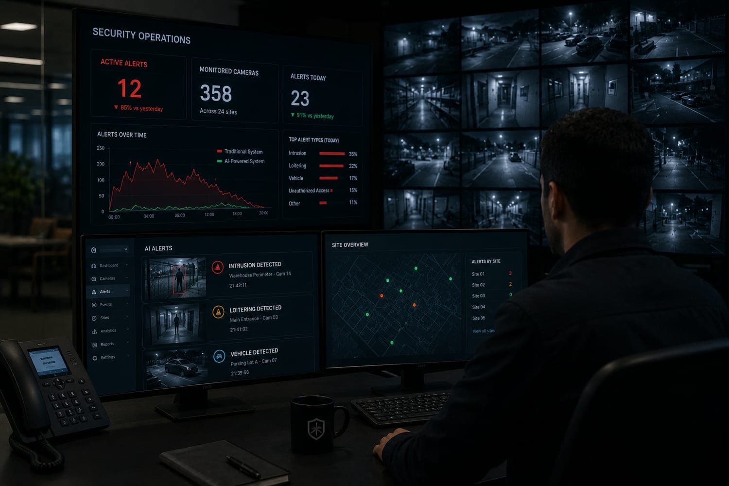 Security operations dashboard showing AI vs traditional alert volume, 358 cameras across 24 sites, and live AI alerts, watched by an operator