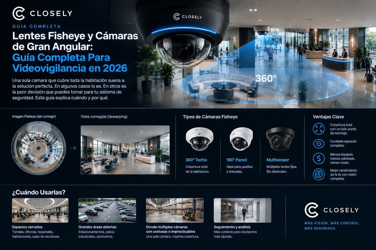 Cámara fisheye en el techo de un lobby con cobertura de 360 grados, comparación entre imagen sin corregir y vista con dewarping, y tipos de cámaras fisheye