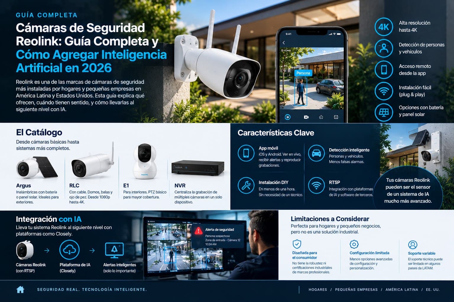 Cámara de seguridad exterior junto a una app móvil con detección de personas, catálogo de líneas Argus, RLC, E1 y NVR, e integración con una plataforma de IA