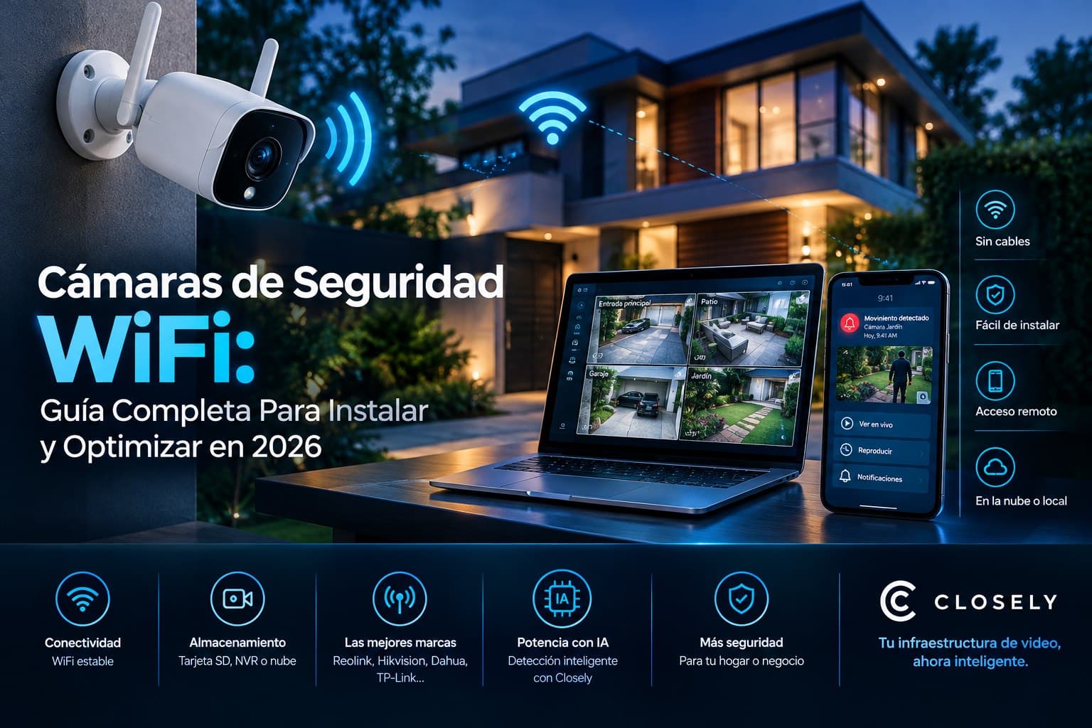 WiFi security camera on a house facade at night, with several camera feeds on a laptop and a motion alert on a phone