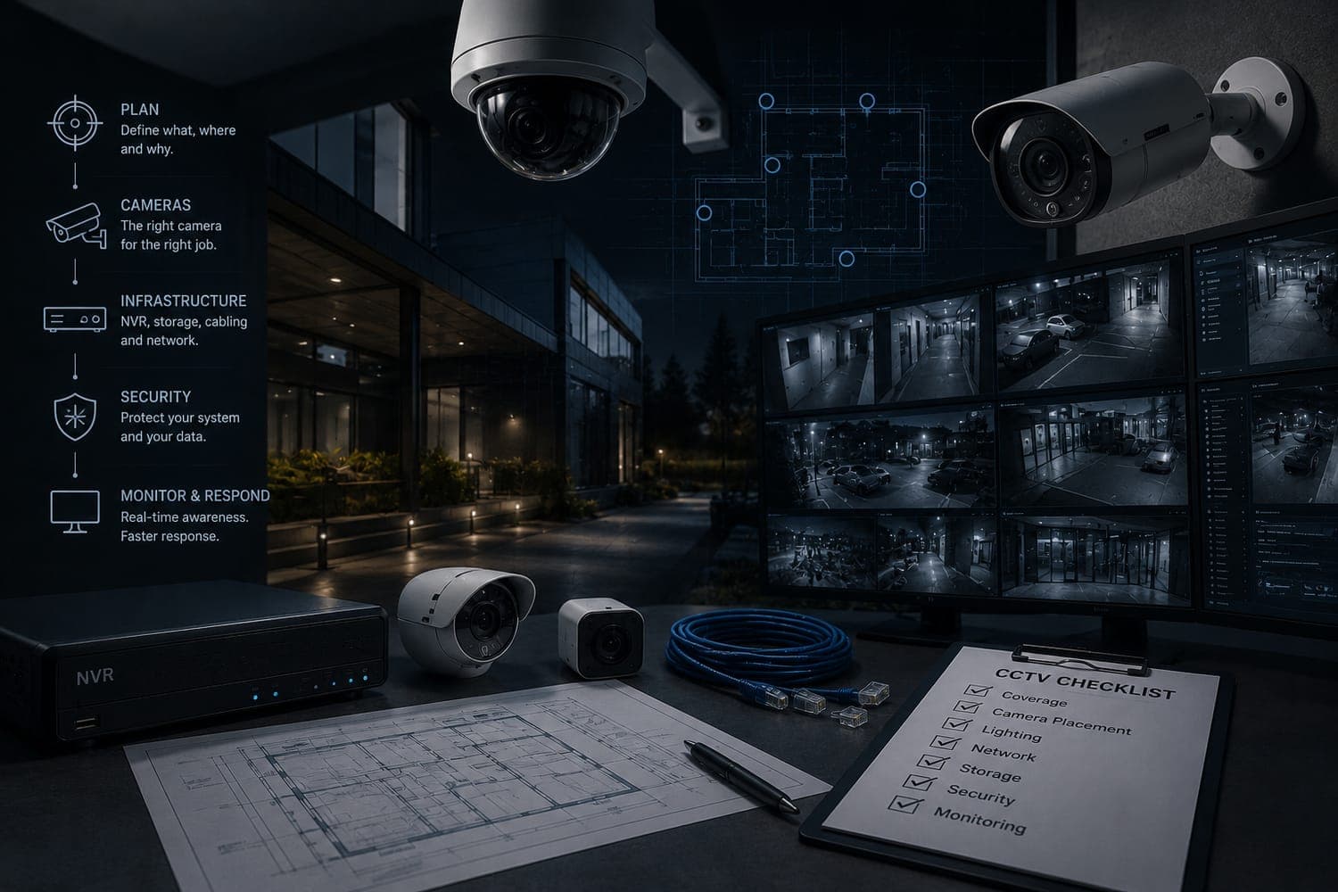 CCTV planning desk with an NVR, dome and bullet cameras, network cabling, floor plans and a monitoring wall showing multiple camera feeds