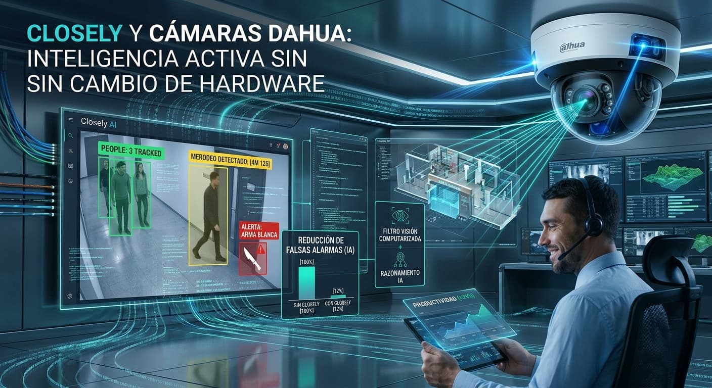Operador monitoreando múltiples feeds de cámaras Dahua con detección IA, alertas filtradas e inteligencia en tiempo real