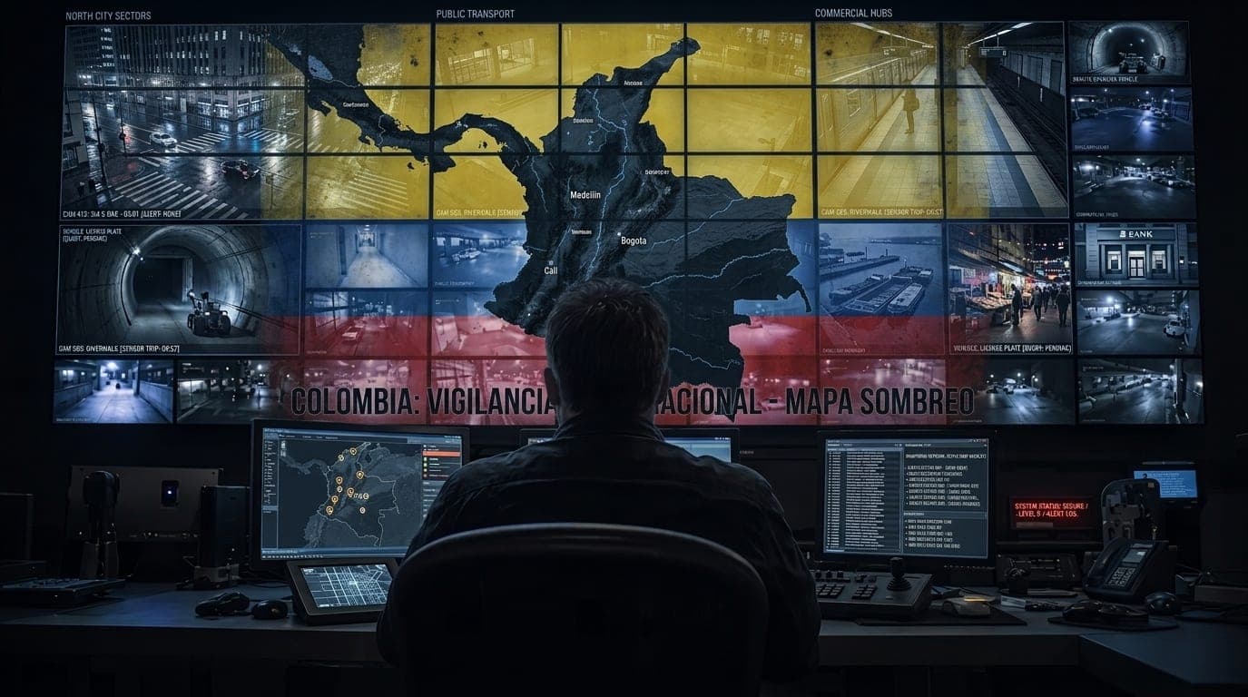 Mapa de Colombia con la bandera nacional sobre un muro de monitores de cámaras de vigilancia