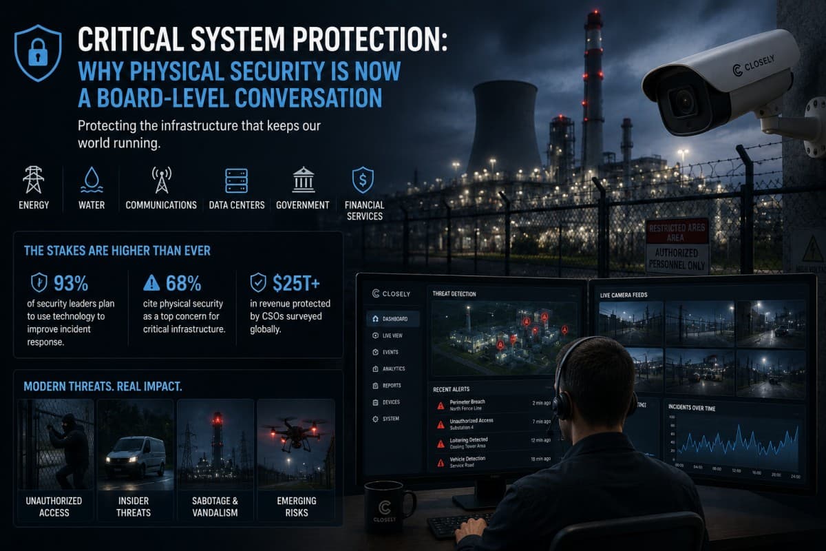 Visualización de seguridad de infraestructura crítica: sistemas interconectados incluyendo redes eléctricas, tratamiento de agua, centros de datos y redes de telecomunicaciones con capa de monitoreo de IA mostrando detección en tiempo real y respuesta ante amenazas