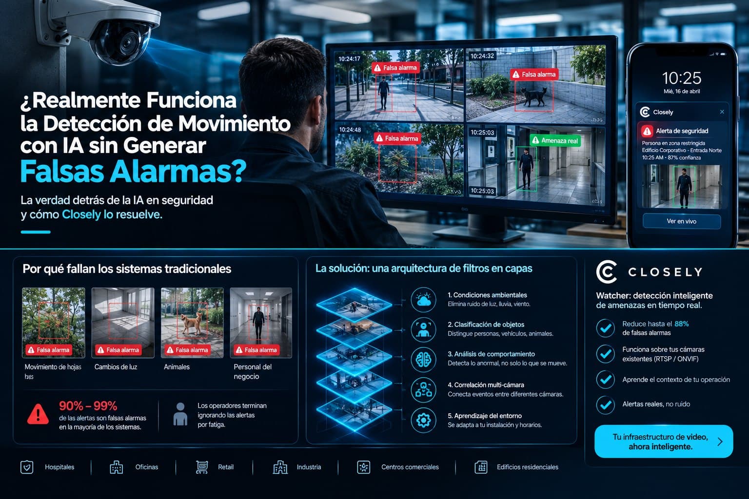 Operador frente a cámaras con varias falsas alarmas y una amenaza real, junto a la arquitectura de cinco filtros en capas que reduce las falsas alarmas