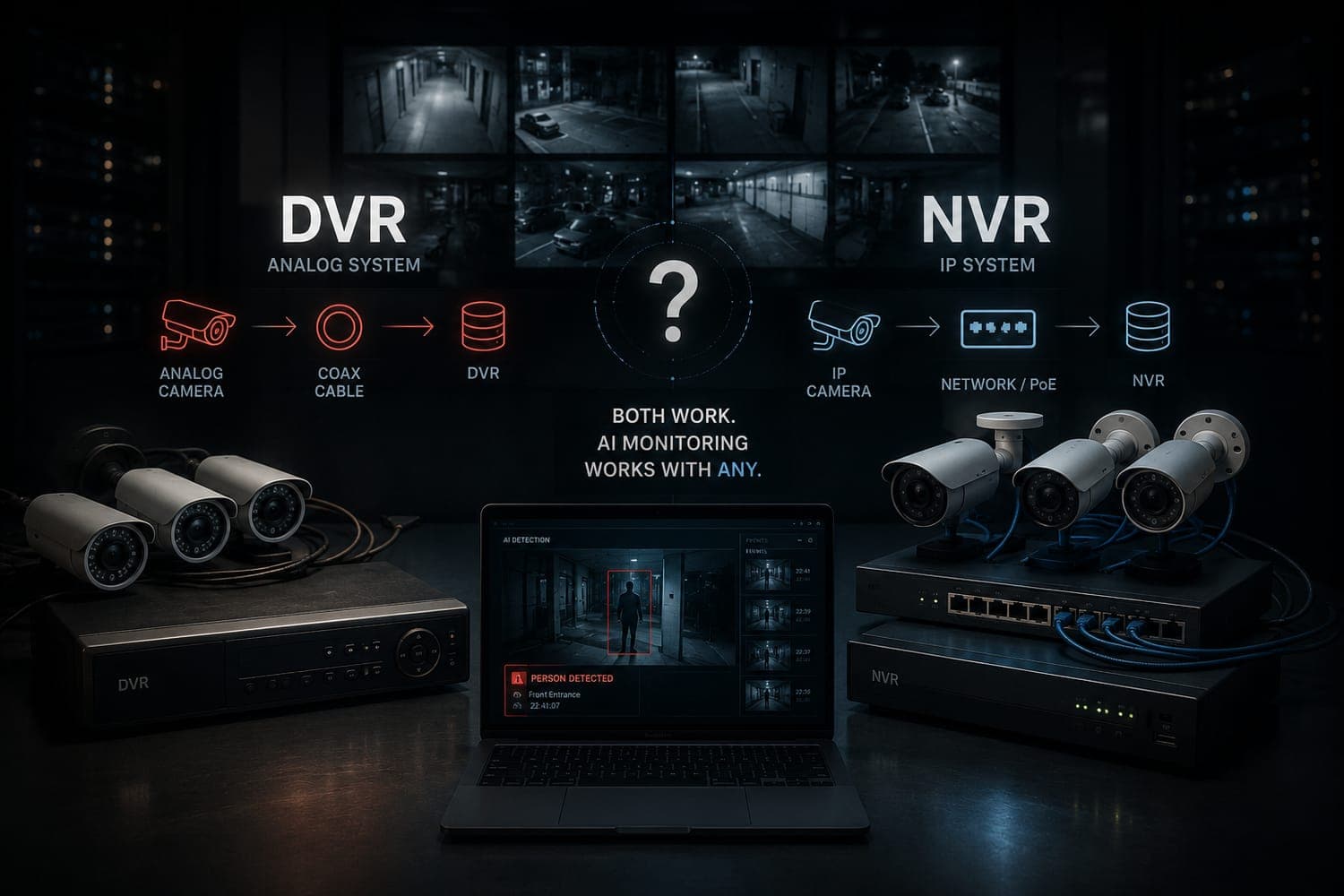 Diagram comparing a DVR analog camera system and an NVR IP camera system, with a laptop showing AI person detection between them