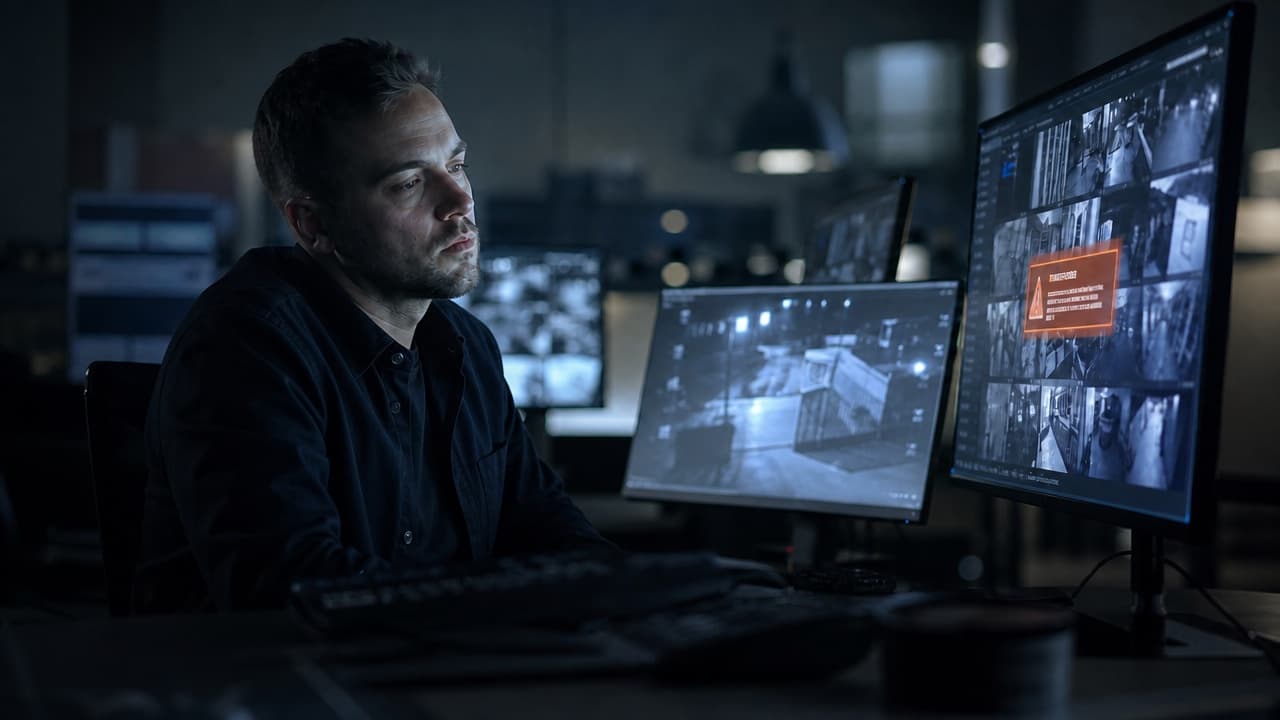Security operator at a monitoring center surrounded by multiple screens filled with live camera feeds and alerts
