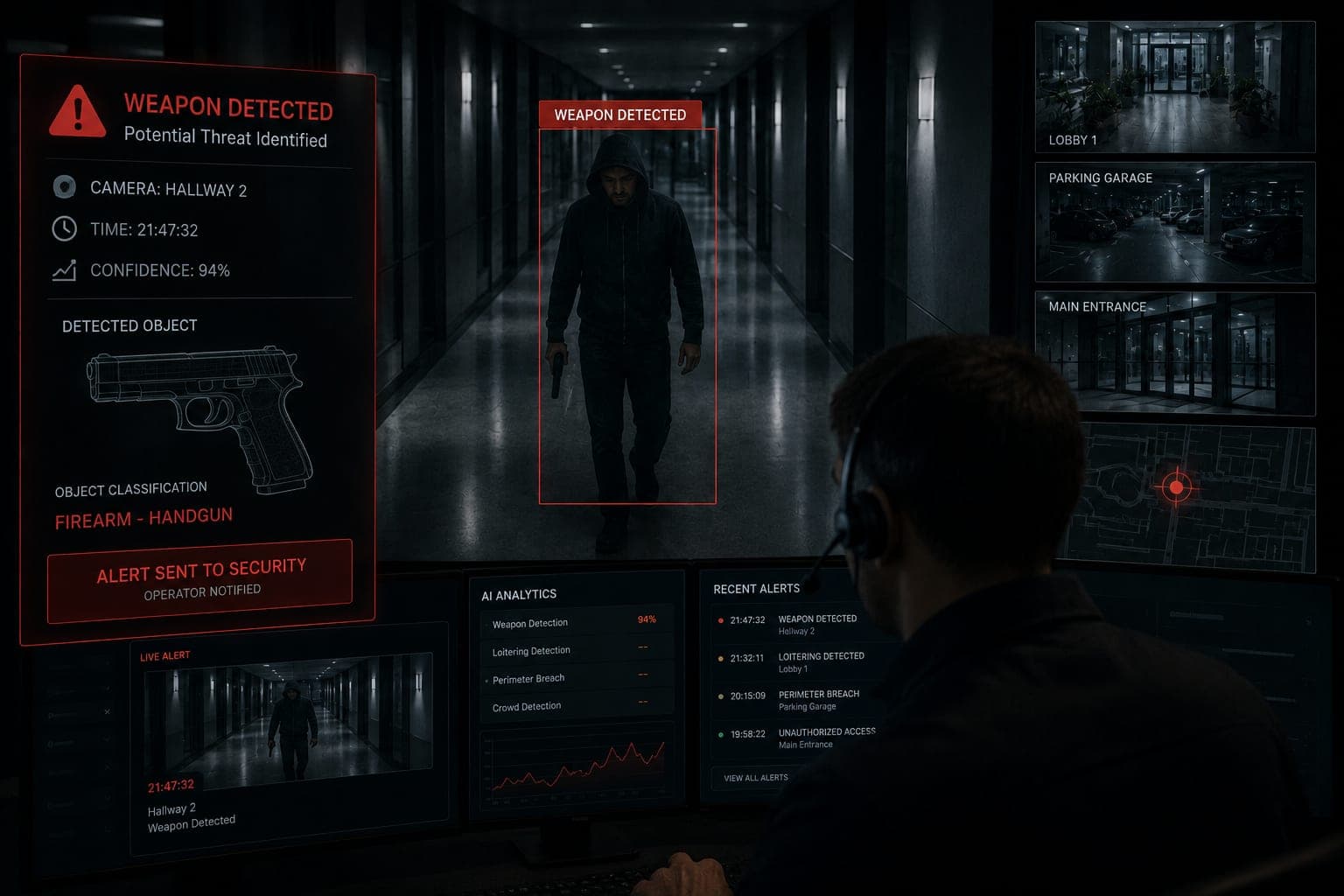Security operator monitoring a dark hallway camera feed where AI has flagged an armed individual with a WEAPON DETECTED alert at 94% confidence, alongside panels showing the firearm classification and recent alerts from other cameras