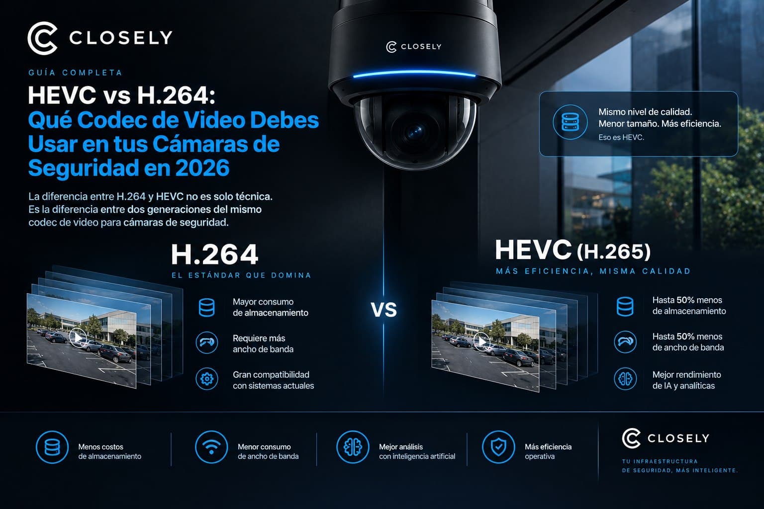 Security dome camera above an HEVC vs H.264 comparison: HEVC with up to 50% less storage and bandwidth, and better AI performance
