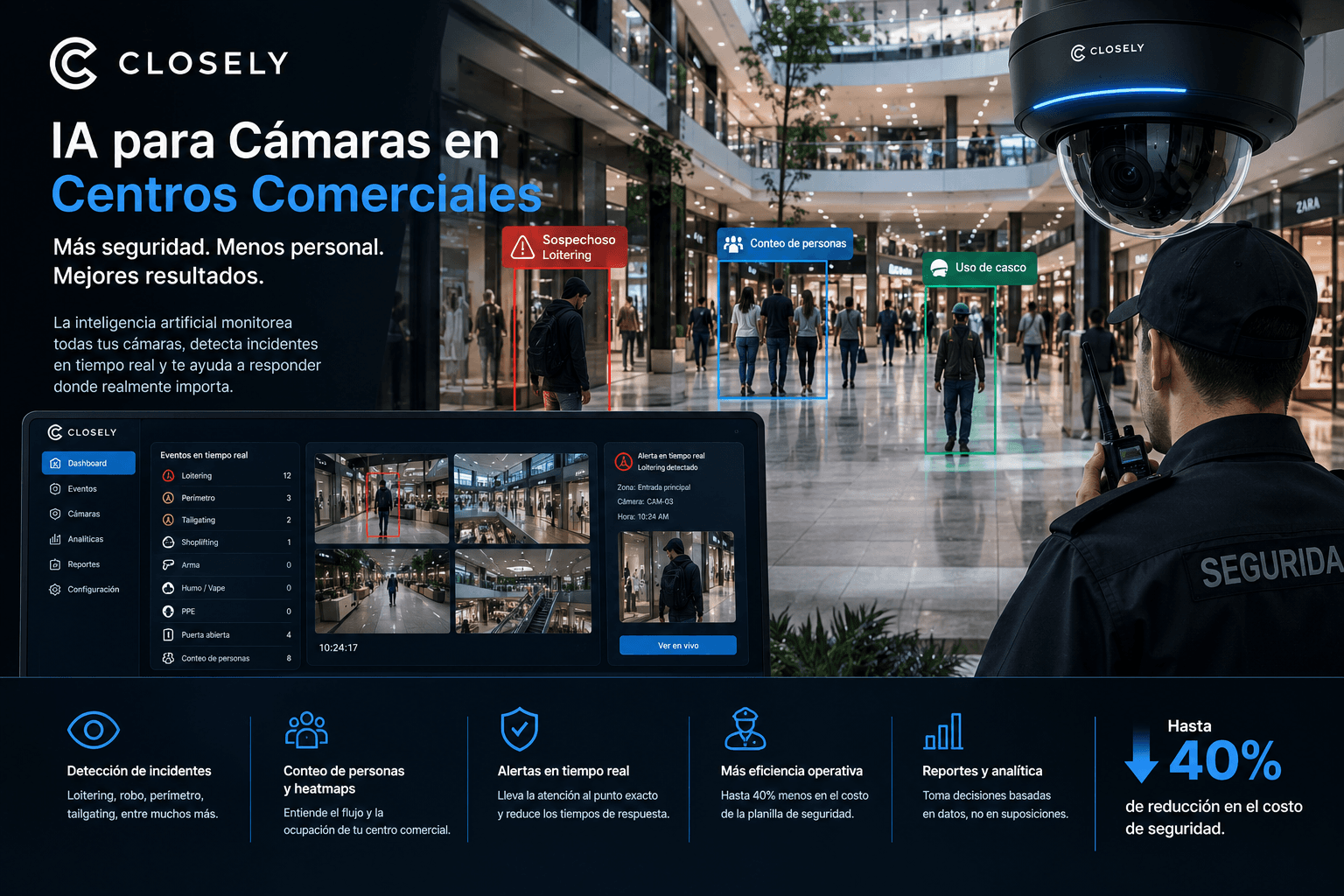 Centro comercial colombiano con sistema de inteligencia artificial en cámaras: detección de incidentes en tiempo real, operador de central de monitoreo coordinando guardas, mapas de calor de afluencia de visitantes, análisis de comportamiento y alertas validadas con evidencia visual.