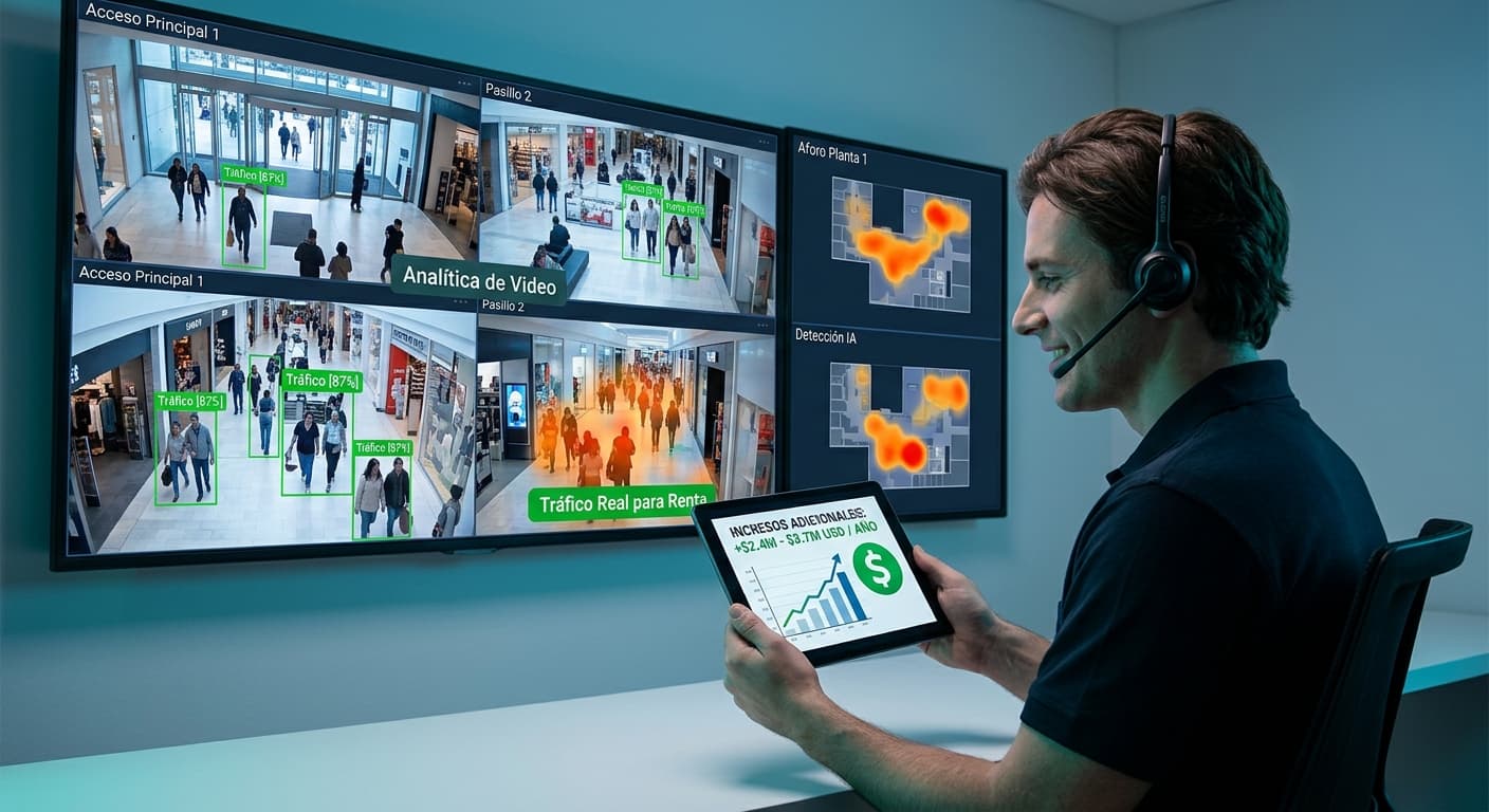 Centro de monitoreo con operador analizando video en tiempo real, mapas de calor, detección IA y análisis de tráfico