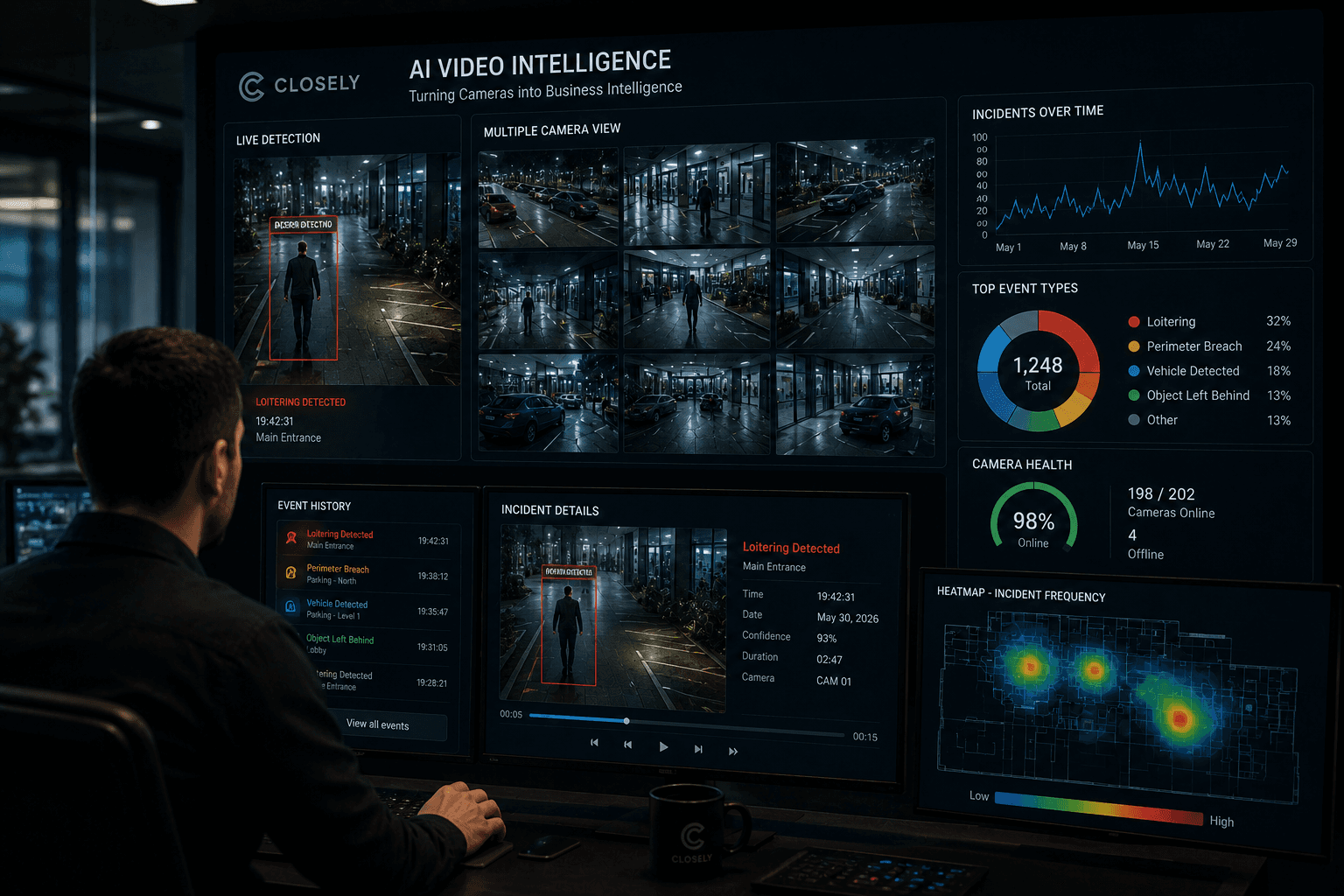 AI Video Intelligence dashboard showing real-time detection, multi-camera monitoring, incident timeline, event statistics, and heatmap analysis for security operations