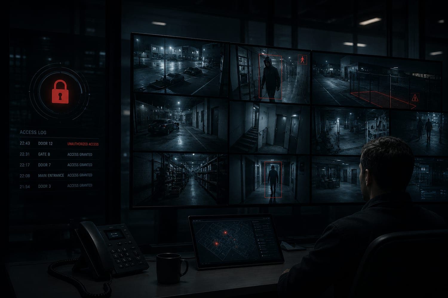 Security operator watching a wall of CCTV monitors with AI detection boxes and an access log flagging an unauthorized entry