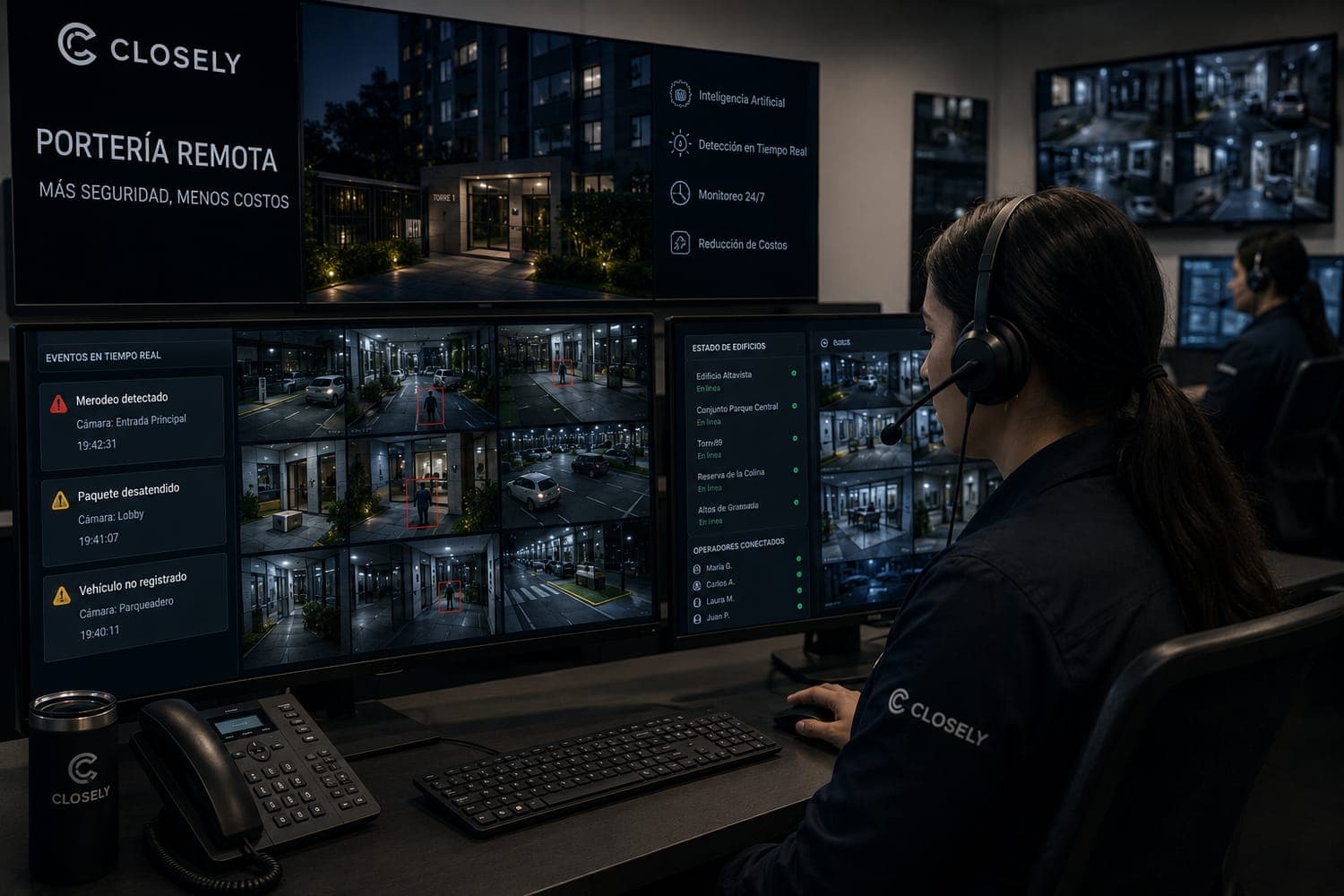 A Closely monitoring-center operator managing remote doorman service for several buildings, with real-time loitering, unattended package and unregistered vehicle alerts