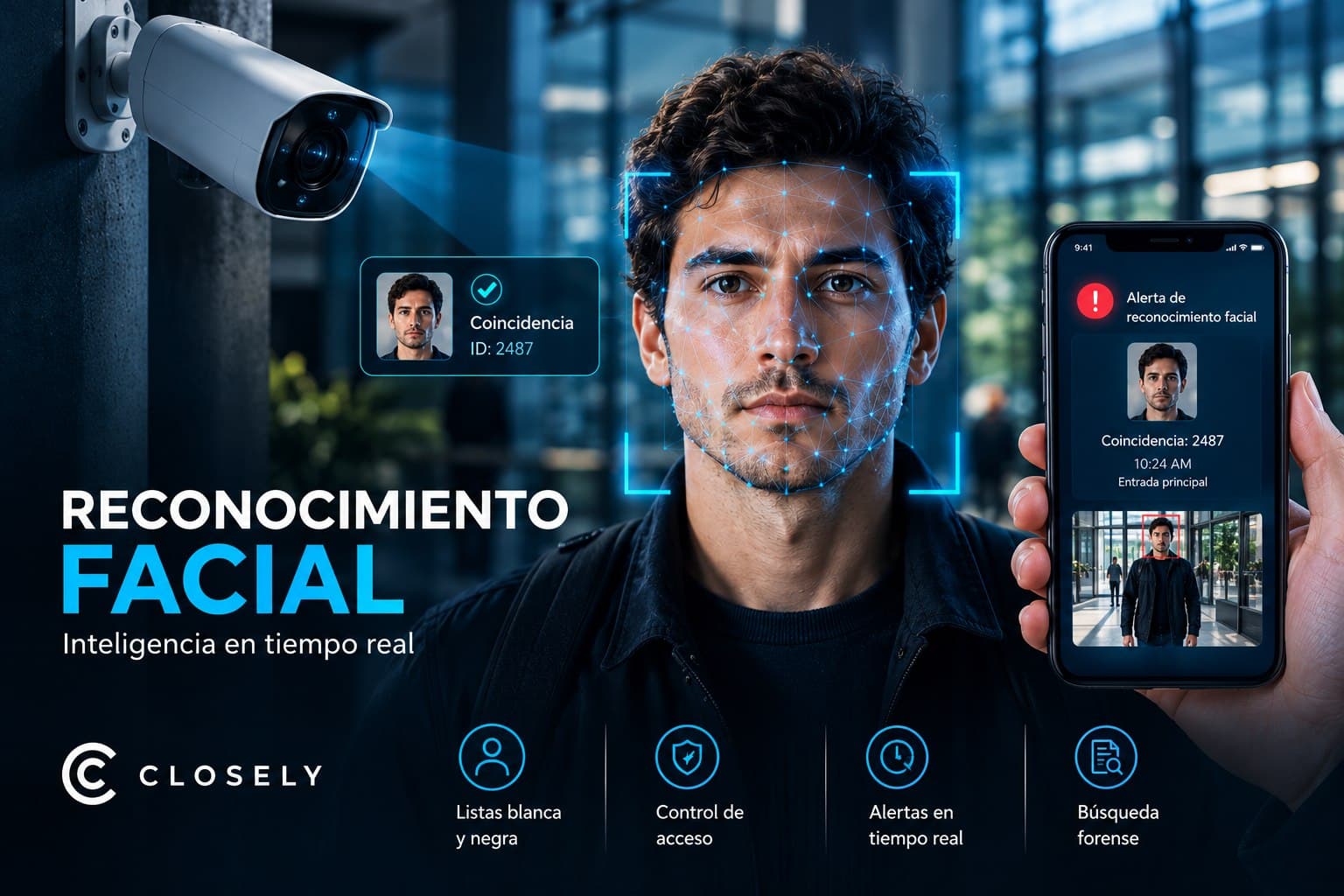 Face analyzed by facial recognition from a security camera, with an on-screen match and an alert on a phone