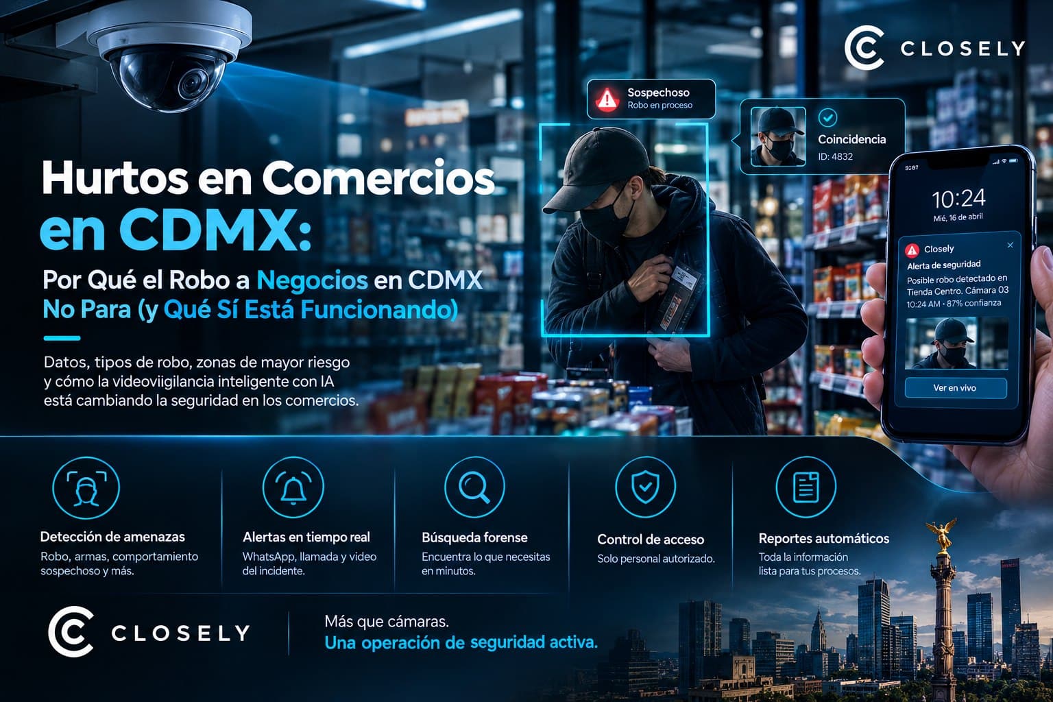 Persona ocultando mercancía en una tienda detectada por una cámara con IA, con una alerta de posible robo en el celular y el Ángel de la Independencia de fondo