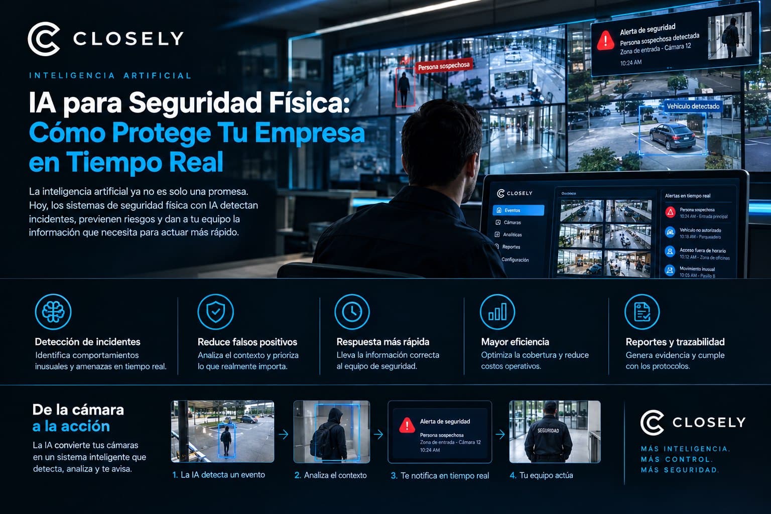 Security operator in front of a camera wall with AI detections and real-time alerts on the Closely platform