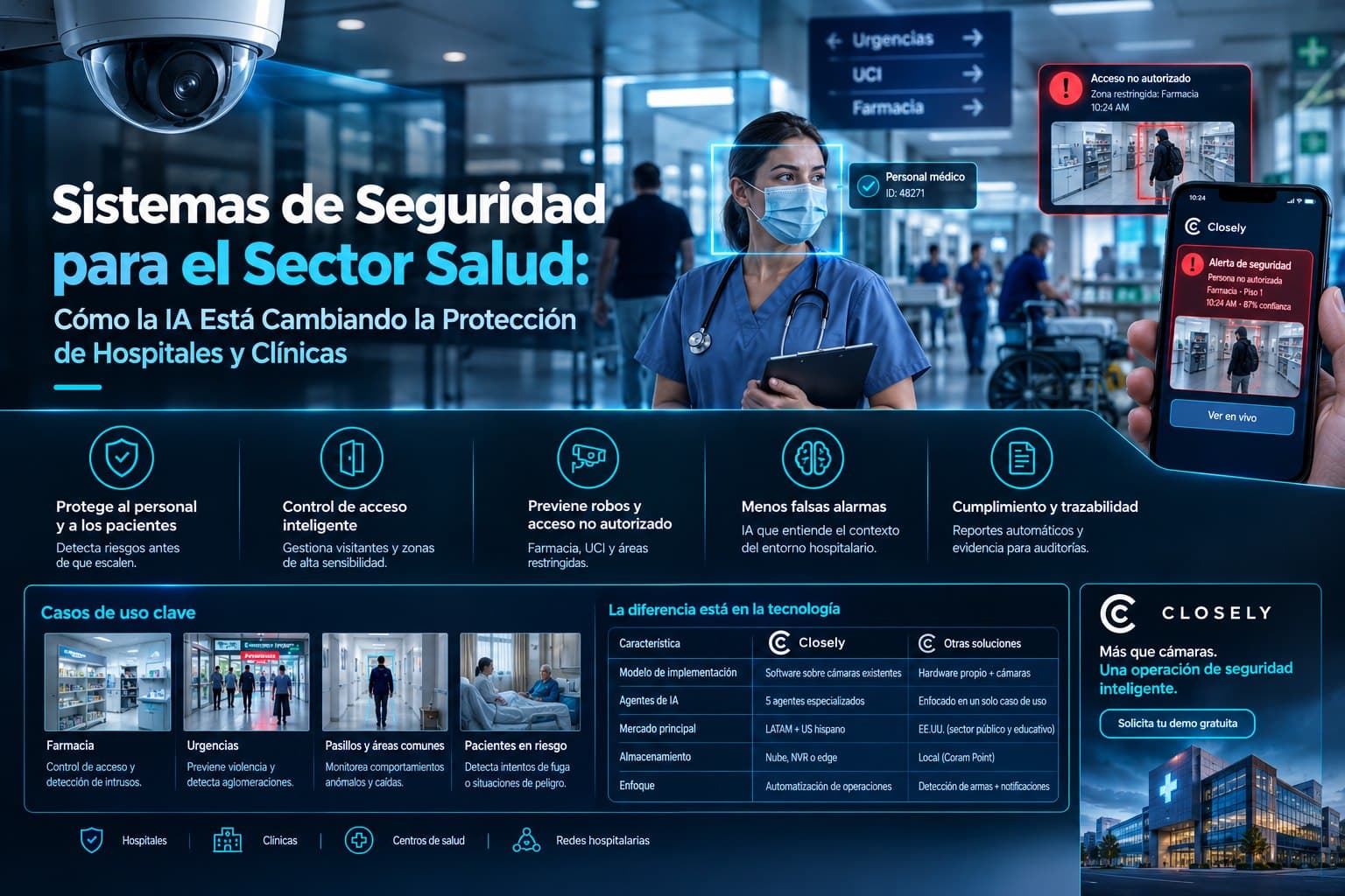 Healthcare worker in a hospital hallway monitored by AI cameras, with an unauthorized pharmacy access alert on a phone