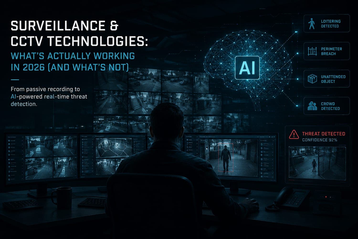 Wall of CCTV monitors in a security operations center displaying multiple AI-analyzed camera feeds