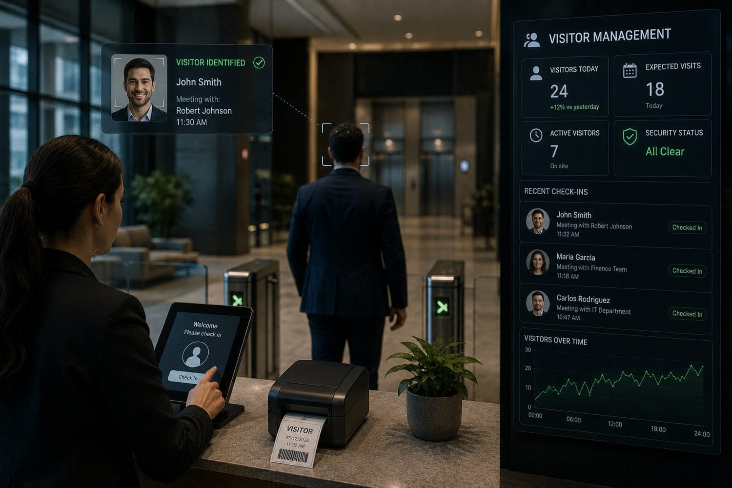 Building lobby check-in with a visitor identified on screen alongside their host, a badge printing, and a visitor management dashboard showing active visitors and recent check-ins