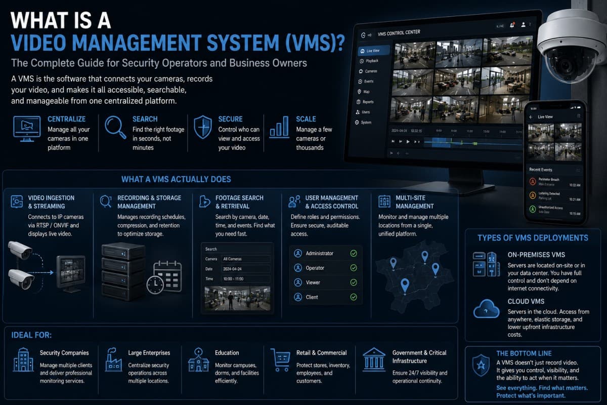 Video Management System (VMS) architecture diagram showing cameras connecting via RTSP/ONVIF to central VMS platform with features: video ingestion, recording management, storage, multi-site management, footage search/retrieval, user access control, and operator interface.