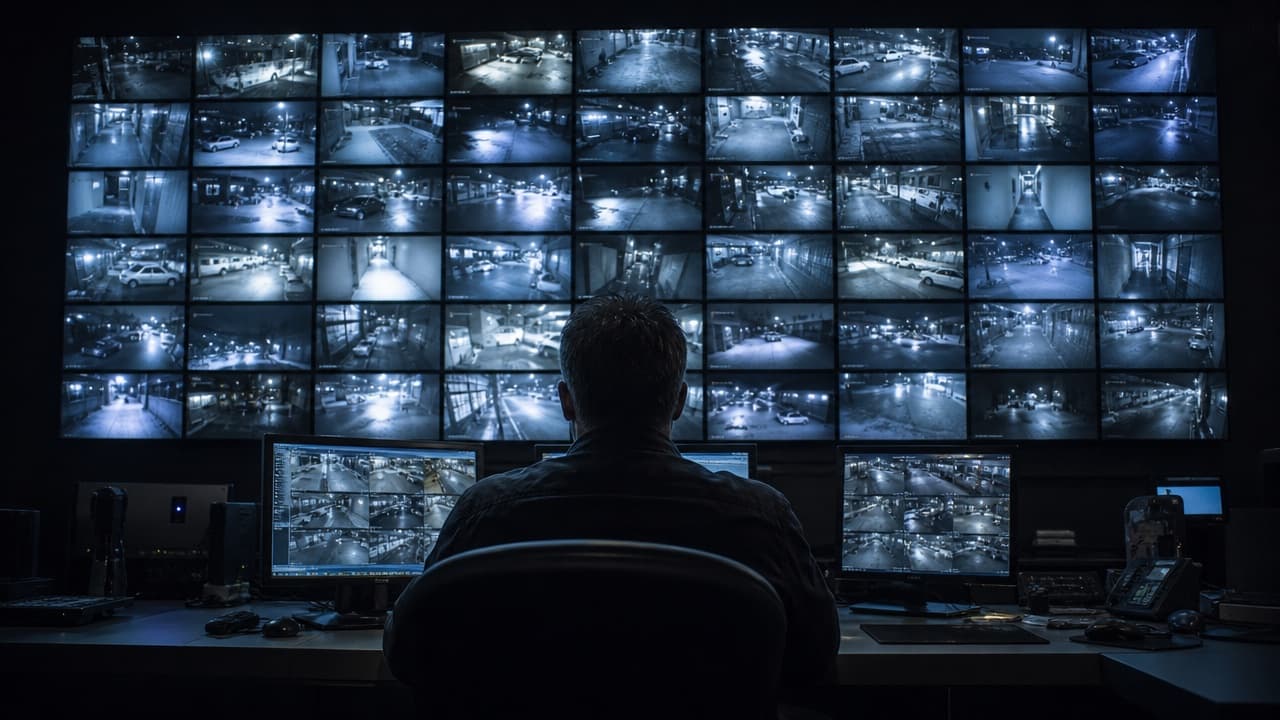 Wide cinematic shot of a security monitoring center at night, operators watching live camera feeds across multiple screens