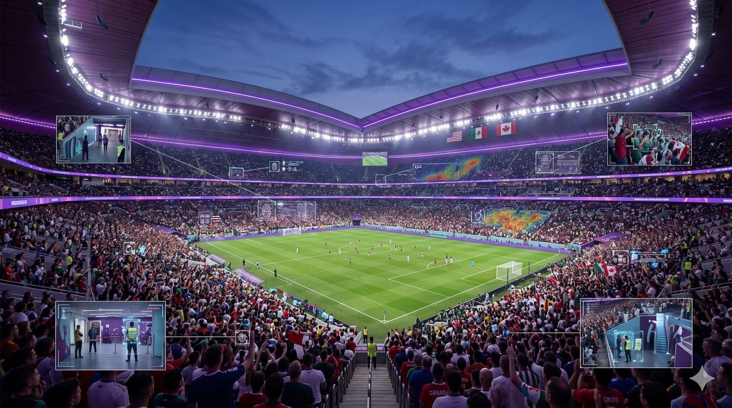 Estadio del Mundial repleto al atardecer con superposiciones de cámaras de seguridad con IA monitoreando a la multitud y las banderas de los tres países anfitriones